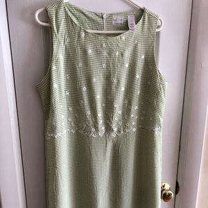 sleeveless spring green & white check maxi dress. 44 inches from armpit to hem.